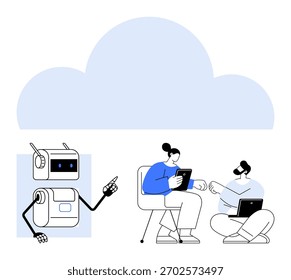 Robot instructs two people with tablets and laptops under a large blue cloud. Ideal for digital learning, artificial intelligence, remote work, technology education, online collaboration, cloud