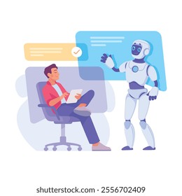 Robot Interact with Man as Smart Android Assistant Machine Vector Illustration