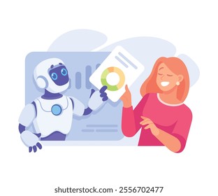 Robot Interact with Woman in Business Process as Smart Android Assistant Machine Vector Illustration