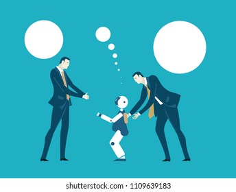 Robot interacting  with business people. Technology evolution concept.
 