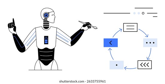 Robot interacting with digital workflow diagram including process arrows, rectangles, and various interface icons. Ideal for technology, AI, automation, machine learning, robotics, data analysis