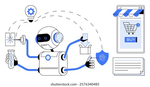 Robot interacting with elements such as a lightbulb with a gear, a test tube, a package, a fingerprint, a shopping cart, and a buy button. Ideal for e-commerce, AI technology, automation, robotics