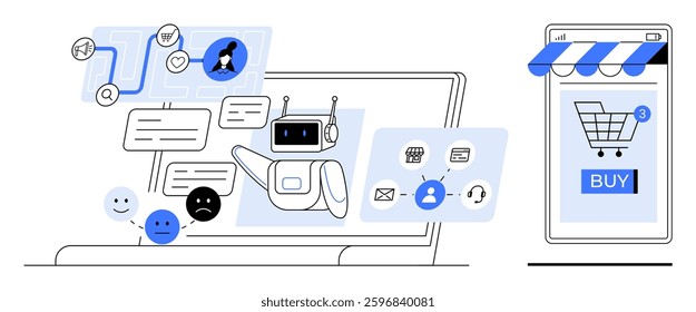 A robot interacting on a laptop with customer support tools like chat bubbles, workflow charts, emotions, and a shopping cart on a smartphone screen. Ideal for AI customer support, e-commerce