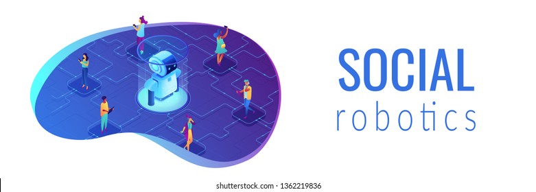 Robot interacting with people with digital gadgets. Robot network security, human-robot interaction and chatbot, social robotics and media concept. Isometric 3D banner header template copy space.