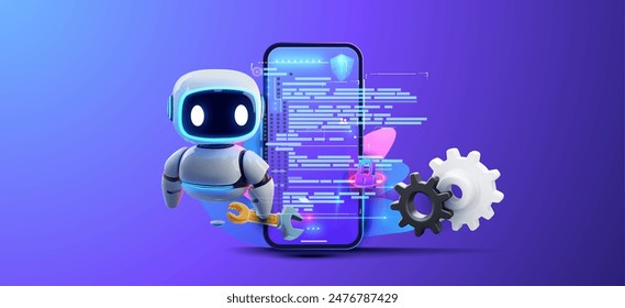 Robot interacting with a smartphone that displays digital code, set against a dynamic purple background with digital icons and gears.  Futuristic Robot with Smartphone Displaying Code. Vector