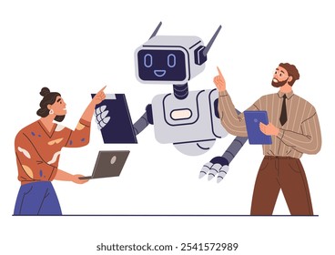 A robot interacts with two people holding devices and pointing. Ideal for teamwork technology collaboration innovation workplace automation AI futuristic business digital solutions human-robot