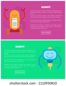 Robot internet pages collection, modern bots types and emotions, fire with smile on squared screen, isolated cartoon flat vector illustrations set.