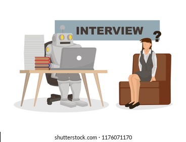 Robot interviewing an office worker. Depicts automation, future job market and artificial intelligence. Concept of Robot replacing jobs including recruitment. Isolated vector cartoon illustration.