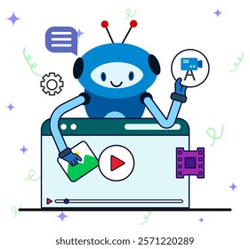 Robot introducing about video content creation on website. Artificial intelligence robot generating video. AI-generated video content concept illustration