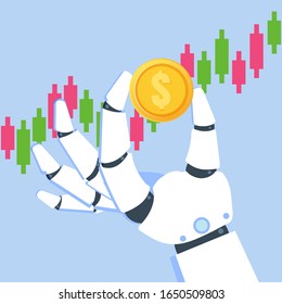 Robot investing, Robo-advisor. Artificial intelligence and businessman using IT algorithms for Forex tradings. Vector illustration