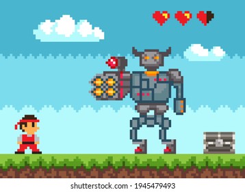 Roboter in eiserner Rüstung attackiert Cartoon-Charakter. Pixelmechanischer Roboter in der Nähe von Ninja in Anzug