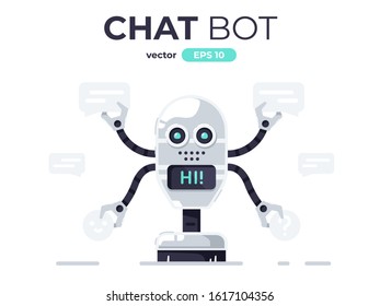 Robot isolated. Cute cartoon chat bot design. Robot toy. Funny simple character. Urban modern template. Retro vintage design. Realistic 3d object. Flat style vector illustration.