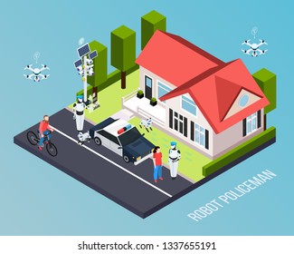 Robot isometric professions composition with piece of earth and robot policeman description vector illustration