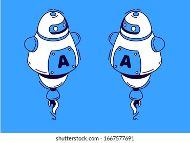 Robot in isometric style on blue background. Vector flat service support chat bot. Cartoon android with artificial intelligence, virtual assistant for online customer help