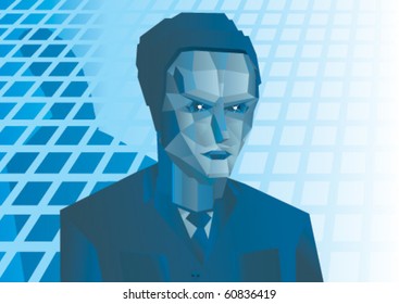 robot in jacket on blue background