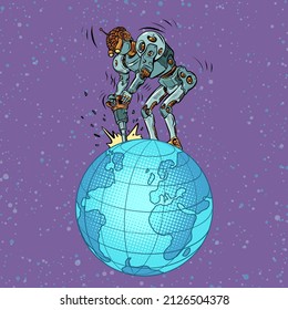 Un robot con martillo de chaqueta extrae recursos naturales del planeta tierra. Economía Global, Negocios Globales. Ilustración de vectores retro de arte pop estilo kitsch vintage de los años 50