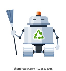 Robot janitor holding broom cartoon icon. Assistant on wheels with besom, floor brush. Anthropomorphous home, office cleaner, sweeper. Vector engineering illustration isolated on white background.