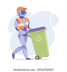 Robot Janitorial Worker Push Dustbin as Smart Android Assistant Machine Vector Illustration