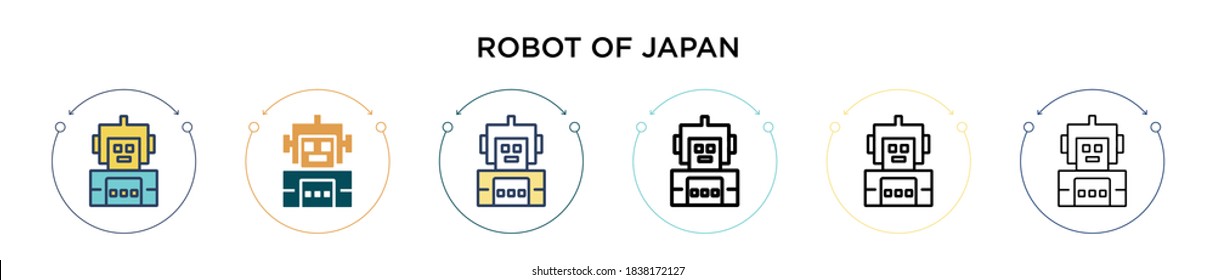 Robot del icono japonés en estilo relleno, delgado, contorno y trazo. Ilustración vectorial de dos robots de color y negro de los diseños de iconos vectoriales de japón se puede usar para móviles, ui, web