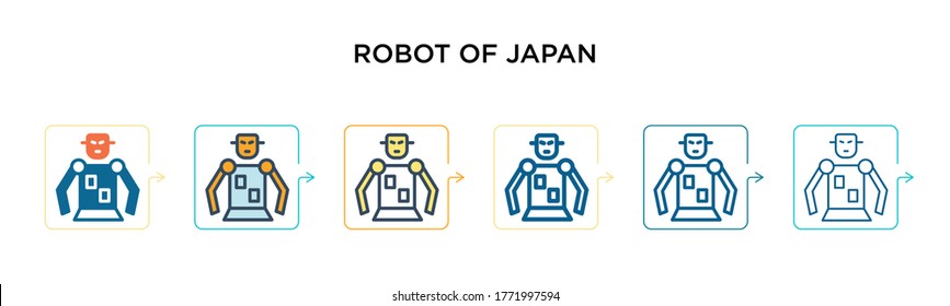 Robot del icono vector japonés en 6 estilos modernos diferentes. Negro, dos robots de colores de iconos japoneses diseñados en el estilo relleno, contorno, línea y trazo. La ilustración vectorial puede utilizarse para la web, el móvil,