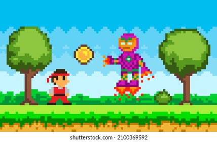 Robot en botas de chorro ataca al personaje de la caricatura. Bot en Pixelado volando cerca de ninja con traje. Elemento de diseño de juego de píxeles. Escena de juegos de arte de Pixel. Hombre mirando al jefe héroe malvado. Batalla entre el hombre y el robot volador