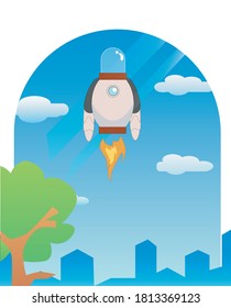 
robot jet flying over trees and buildings against a background of cloudy blue sky