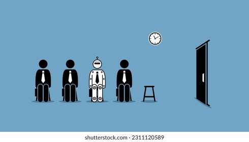 Robot at job interview competing with human for work in technological revolution. Vector illustrations depict concept of future technology and artificial intelligence replacing mankind at workplace.