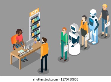 Robot jobs concept vector isometric illustration. Ai revolution in employment. Robots waiting in line together with humans for vacant job.