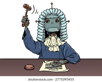 Robot judge. Artificial intelligence in the legal system. AI's powers to humanity. Comic cartoon pop art retro vector illustration hand drawing. On a white background