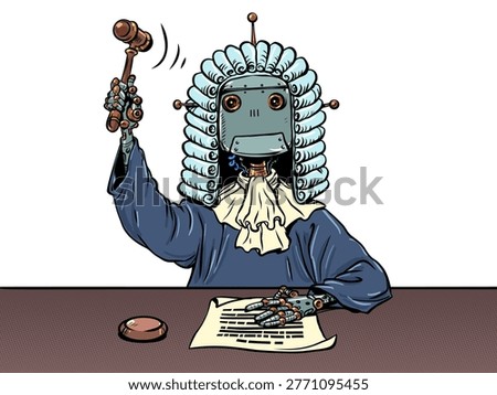 Robot judge. Artificial intelligence in the legal system. AI's powers to humanity. Comic cartoon pop art retro vector illustration hand drawing. On a white background