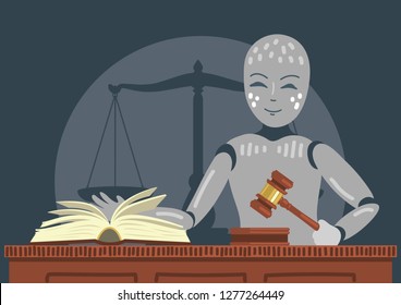 Robot judge with gavel and book. Futuristic concept. 
