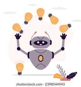 Robot juggles lightbulbs develop innovative business idea or strategy. Robotic cyborg brainstorm show artificial intelligence. Innovation and science concept. Chat bot. flat vector illustration