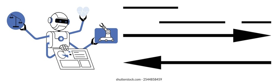 Um robô que faz malabarismos com várias tarefas, incluindo comunicação, planejamento e criação, representado através de vários ícones. Setas se movendo à direita significam fluxo de trabalho e eficiência. Ideal para produtividade