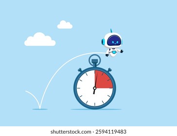 Robot jump past the countdown stopwatch. Optimization and productivity. The sense of urgency, the reaction to priority tasks. Flat vector illustration