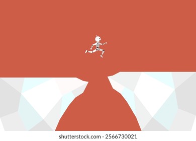 Robot jumping over gap as symbol of overcoming challenges and finding solutions with help of ai. concept of Artificial intelligence and future technology