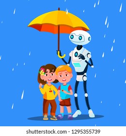 Robot Keeps An Open Umbrella Over Little Child During The Rain Vector. Isolated Illustration