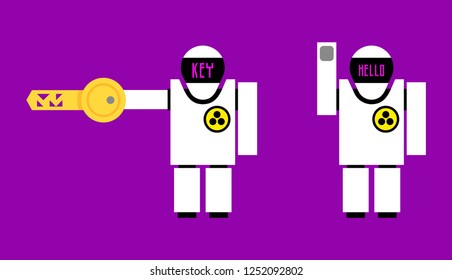 
Robot with a key and a robot "HELLO". Vector illustration on proton purple background