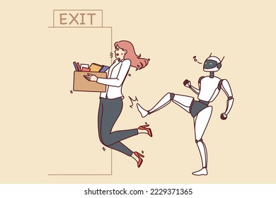 Robot kick female employee out of office job. Concept of artificial intelligence and androids at workplace. New era of robotic assistants. Vector illustration. 