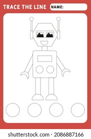 robot for kids. Educational children game. Preschool worksheet for practicing fine motor skills - tracing dashed lines. Tracing Worksheet. Illustration and vector outline - A4 paper