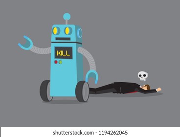 Robot killing off a businessman. Business concept of the problem of artificial intelligence, automation or technology that might cause a jobless society. Vector cartoon illustration.