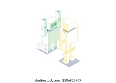 A robot is kneeling before another robot because it made a mistake at work.. Isometric illustration. Editable stroke isometric vector.