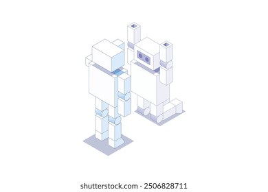 A robot is kneeling before another robot because it made a mistake at work.. Isometric illustration. Editable stroke isometric vector.