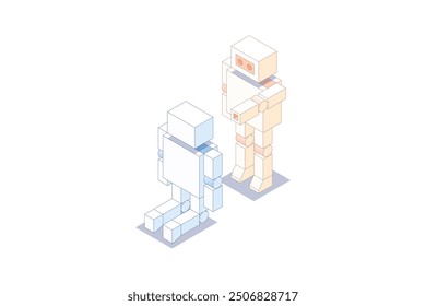 A robot is kneeling before another robot because it made a mistake at work.. Isometric illustration. Editable stroke isometric vector.