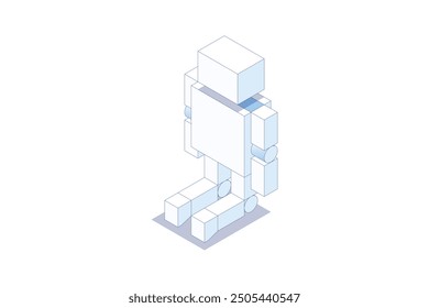 A robot in a kneeling position. Isometric illustration. Editable stroke isometric vector.