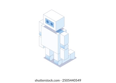 A robot in a kneeling position. Isometric illustration. Editable stroke isometric vector.
