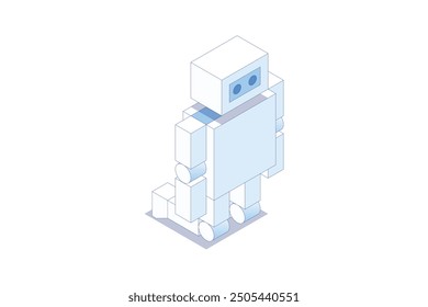 A robot in a kneeling position. Isometric illustration. Editable stroke isometric vector.