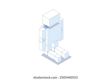 A robot in a kneeling position. Isometric illustration. Editable stroke isometric vector.