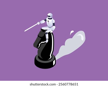 Robot Knight Riding Chess Piece: Futuristic Strategy 3d isometric vector illustration