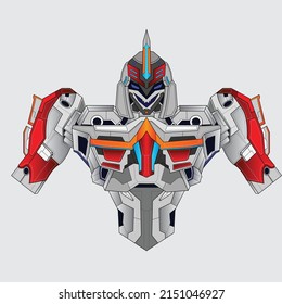 Roboter-Ritterkrieger-Cyborg im Hintergrund, Perfekt für T-Shirt-Design, Sticker, Poster, Merchandise und E-Sport-Logo