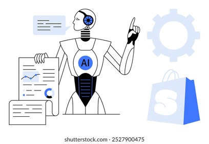 Um robô chamado AI mantém gráficos de dados e gestos em um bate-papo. Além disso, um saco de compras e símbolo de engrenagem são visíveis. Ideal para inteligência artificial, análise de dados, tecnologia, e-commerce